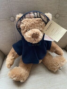 NWT Burberry Brown Teddy Bear with Navy Blue Hoodie-signature Burberry pattern